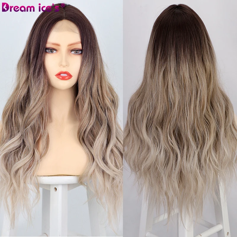 

Long Synthetic Lace Ombre Brown Wig Natural Water Wave Hair For White Women Heat Resistant Fiber Cosplay Daily Use Dream Ice's
