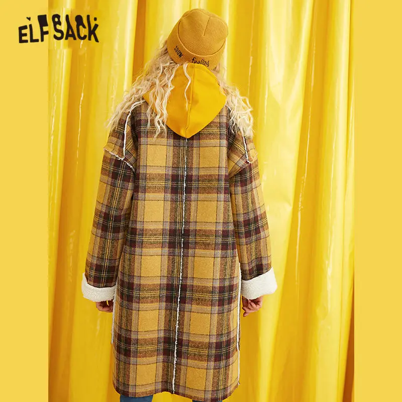 ELFSACK, клетчатое, плюшевое, прямое, двубортное, шерстяное пальто для женщин, Осень-зима, флис, повседневная, женская, теплая верхняя одежда