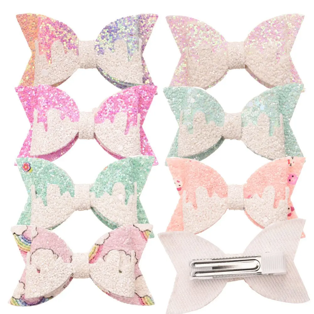 5PCS 3 дюйма блеск нарисованной длинноволосой девочкой банты Радуга Мода женские