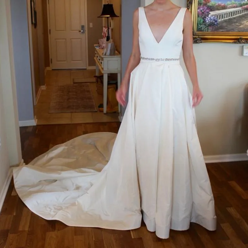 

Wedding Dress Plus Size 2021 Bride A Line Wedding Gown with Long Train V Neck Crystal Belt Sleeveless and Open Back
