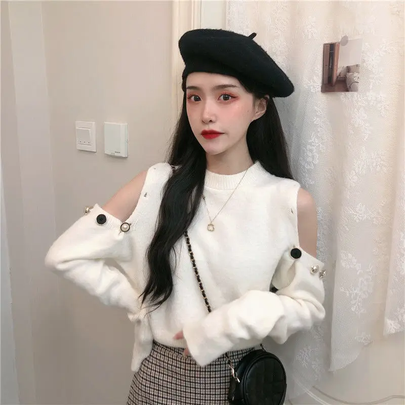 

French niche knitwear women's spring and autumn 2021 new off shoulder long sleeve short sweater