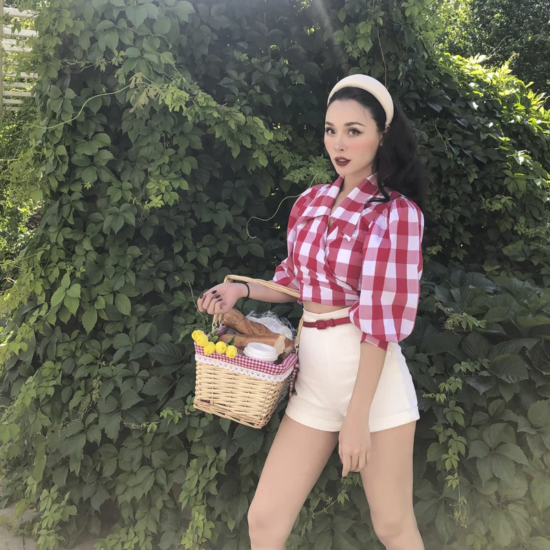 2019 практичная винтажная красная клетчатая короткая рубашка с запахом и