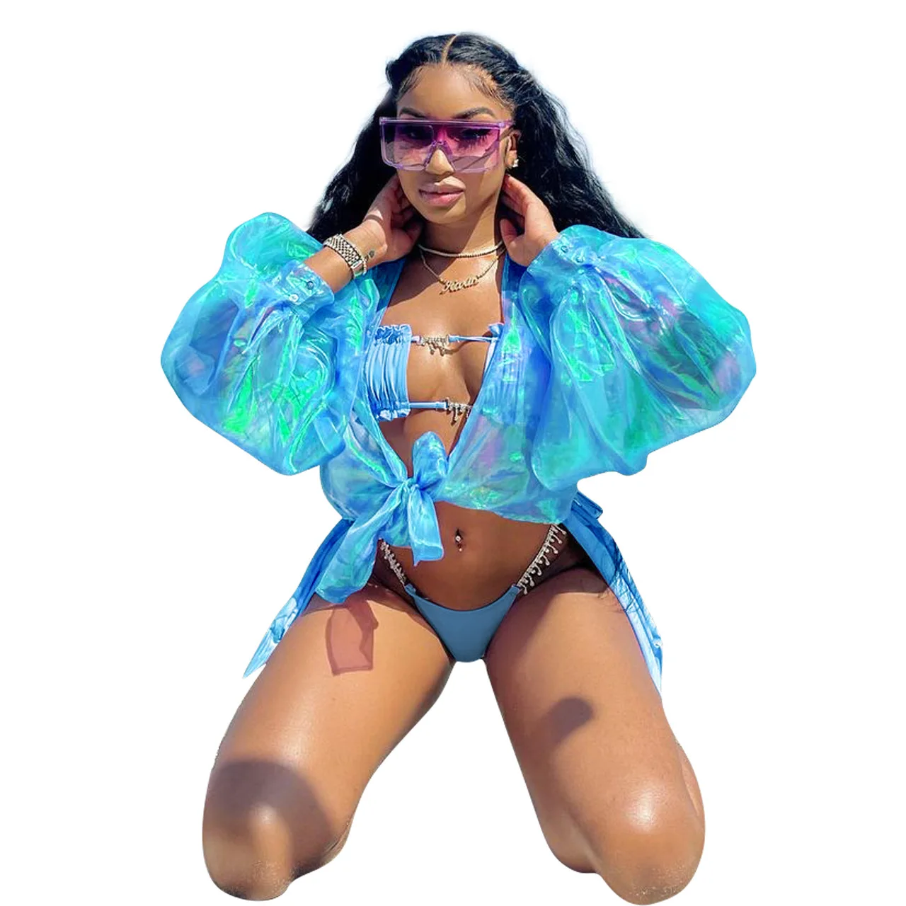 

2021 Summer Women Shiner Sun-Proof Coats Casual Female Fashion Puff Sleeves Lace Up V-Neck Spring Autumn 4 Colors Streetwear
