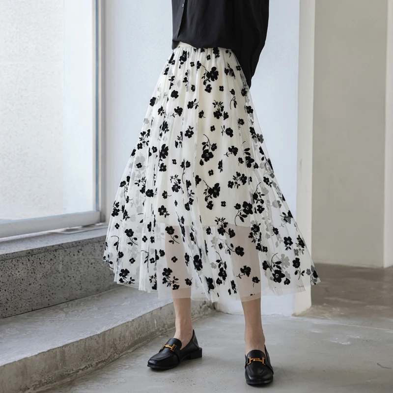 

Vintage Pleated Skirt Women 2021 Summer Autumn Elegant Floral Mesh Skirt High Waist Long Skirts jupe femme