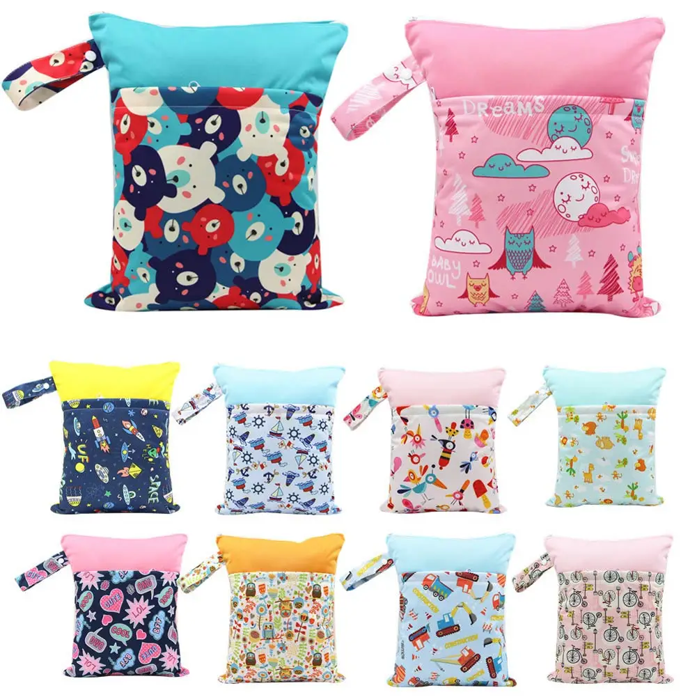 

2020 Reusable Waterproof Flower Printed Wet Dry Diaper Bag Double Pocket Cloth Handle Wetbag