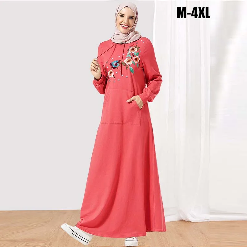

BNSQ Grey hooded padded sweater long dress high quality cotton long sleeve pocket mopping embroidery maxi dresses pink navy blue