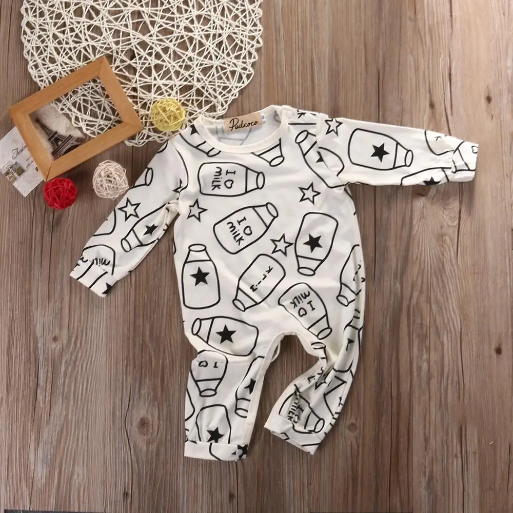 

0-18M Cute Newborn Baby Boy Girl Clothes Feeding Bottle Print Long Sleeve Romper Jumpsuit One-Piece Outfit Cotton Clothes