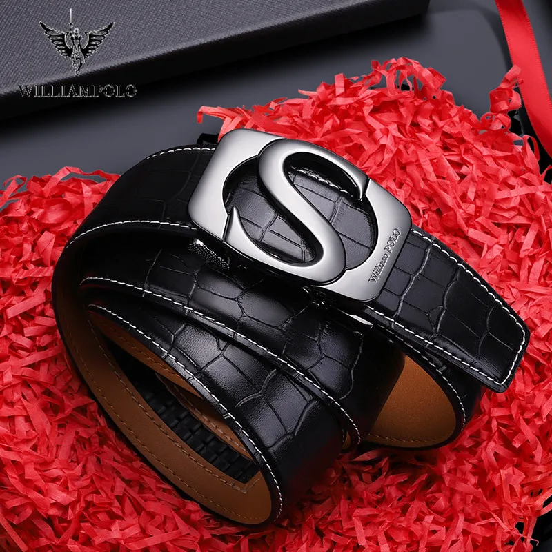 

WilliamPOLO Genuine Leather For Men's High Quality Buckle Jeans Cowskin Casual Belts Waistband Male Metal Automatic Buckle