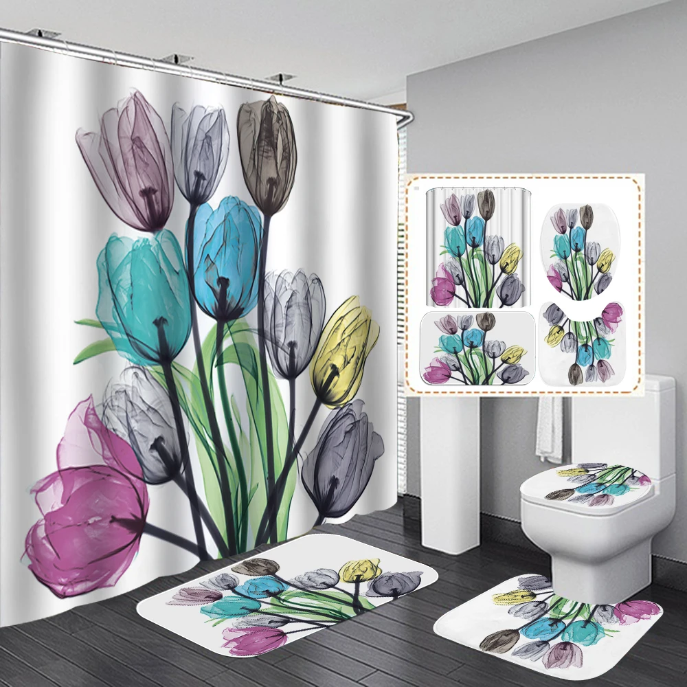 

Beautiful Tulip Flowers Shower Curtain Non-Slip Rugs Toilet Lid Cover Bath Mat, Durable Waterproof Bathroom Curtains with Hooks