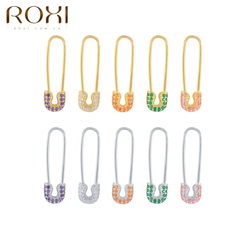 

ROXI Zircon Safety Pin Stud Earrings For Women Pendientes Plata 925 Earring Personality European And American Style Fine Jewelry
