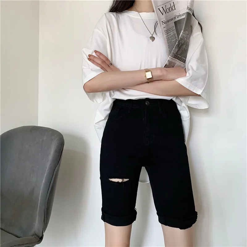 

Sakurada Kawashima 2021 Summer New Ripped High Waist Cropped Pants Korean Slim Black All-Matching Denim Shorts Women