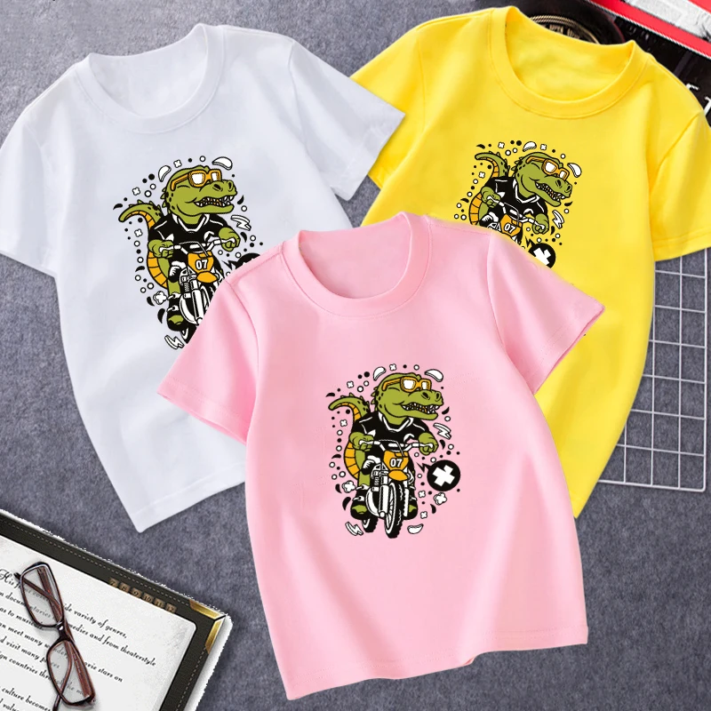 

Children's Clothing Boys T-Shirts Dinosaur on a Bicycle Cartoon Cotton Print Tshirt Interesting Leisure Sports TShirt Girls