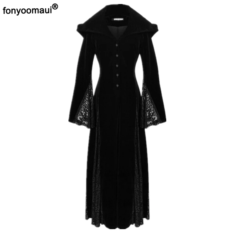Женский винтажный костюм в готическом стиле Черное Кружевное Платье макси с