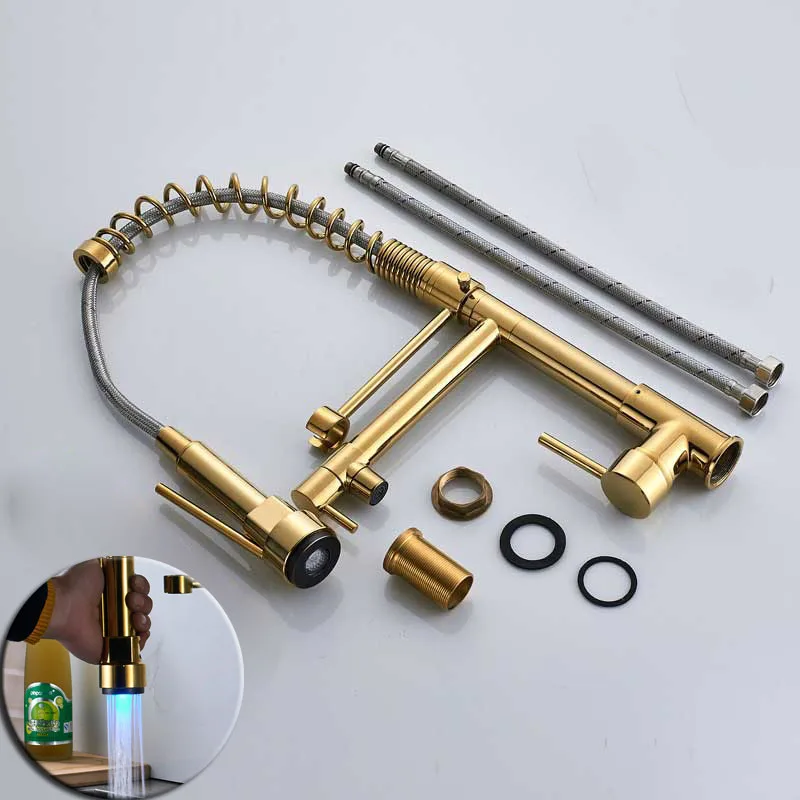 

Golden Dual Spout Spring Kitchen Sink Faucet LED Light Hot Cold Kitchen Mixer Taps 360 Degree Rotate Spout Kitchen Faucet Mixer