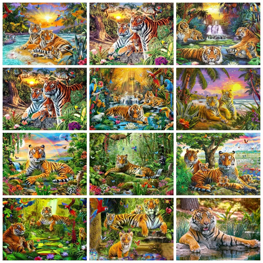 

Алмазная живопись Huacan, полноразмерная/Круглая Мозаика 5d с изображением тигрового леса, мозаика для творчества, домашний декор С закатом жив...