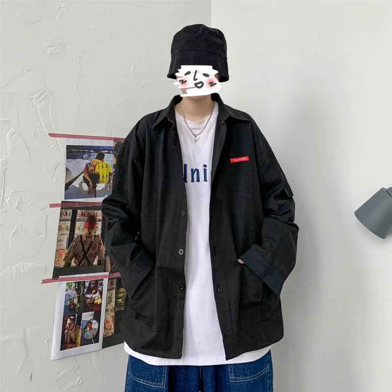 

Men Harajuku Solid color 2020 Mens Streetwear Long Sleeve Male Vintage Korean Fashions shirts Oversized shi