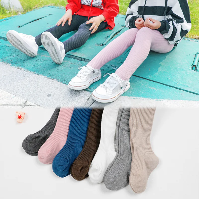 

Autumn and winter double needle children's pantyhose solid color vertical stripes boys and girls leggings baby combed cotton