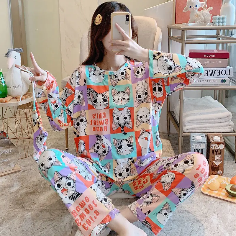 Pajamas for Women's Autumn and Winter New Long-sleeved Trousers Two-piece Korean Cartoon Cute Home Service Can Be Worn Outside