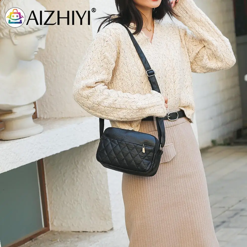 

2021 New Fashion Lattice Pattern Pure Color Messenger Bag Casual Small PU Leather Handbag Women's Fashion Handbags