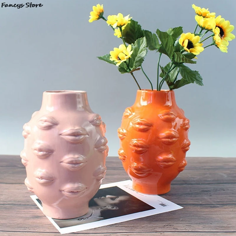 

Nordic Ins Pink Style Creative Personality Face Vase Modern Minimalist Lips Ceramic Floral Home Bar Bookstore Ornaments Hat Rack