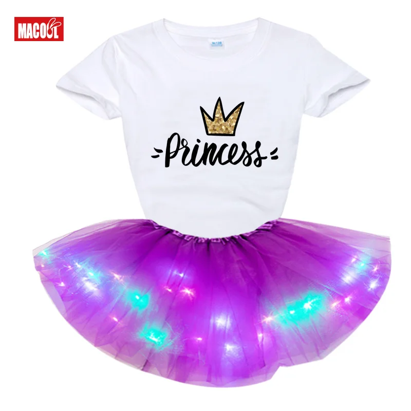2020 New Summer Autumn Kids Girls Short Sleeve T-shirt + Luminous Dress 2pcs Clothing Sets Baby Girl Clothes Suit Christmas Gift