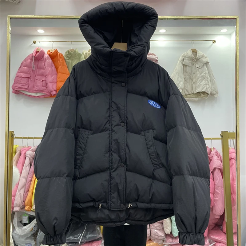 Женский короткий пуховик с капюшоном свободный в Корейском стиле на белом утином