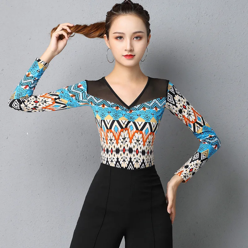 

Fall Latin Dance Tops For Women Mesh Rumba Outfits Long Sleeve Ballroom Practice Wear Stage Costume Tap Dance Wear Dance DL6986
