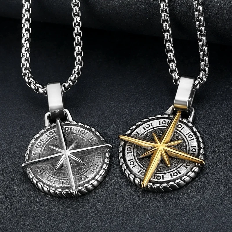 

New Retro Viking Compass Pattern Round Pendant Necklace Men's Necklace Fashion Metal Sliding Compass Pendant Accessories Jewelry