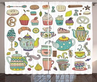 tea party curtains coffee and dessert cupcake bagel doughnut baked good and sweets cinnamon teapot living room bedroom window