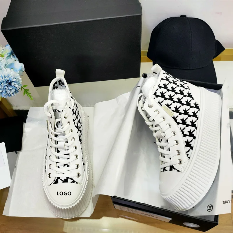 

High - Top Women's Shoes Spring and Autumn New Breathable Thin Canvas Shoes Thick - Sole Fly Knit A Luxury Student Shoes