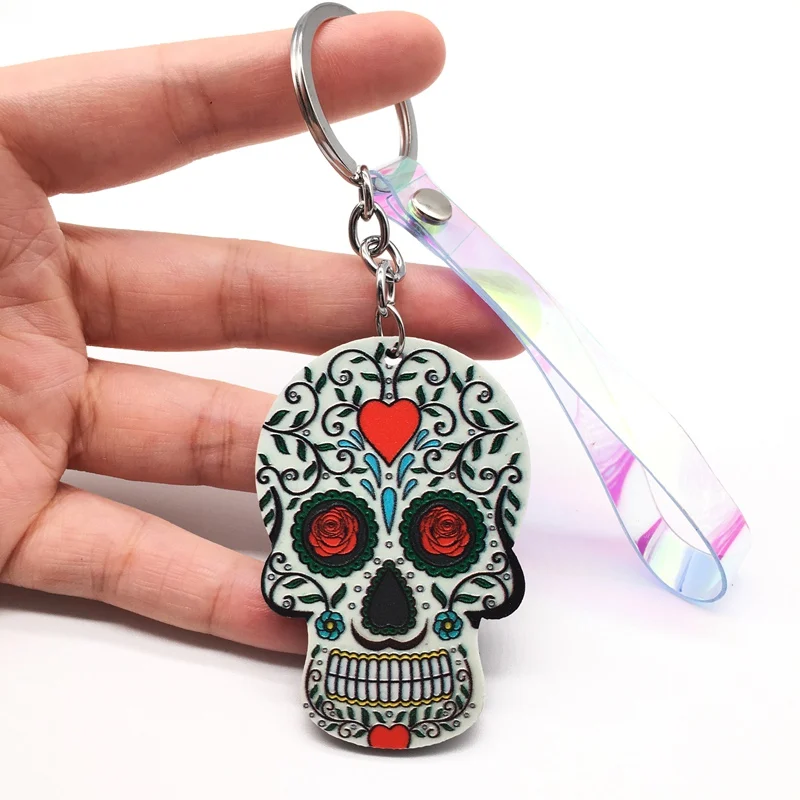 Брелоки Calavera мексиканские причудливые брелки для ключей с черепом пользовательский лазер Dazzle Rope Sugar Skull брелок сумка Шарм сладкий подарок - Цвет: O