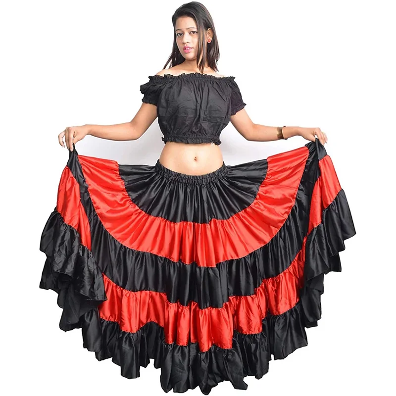 

Red Traditional Spanish Flamenco Skirt Gypsy Women Dancing Costume Striped Satin Smooth Big Swing Belly Skirt Performance 90cm