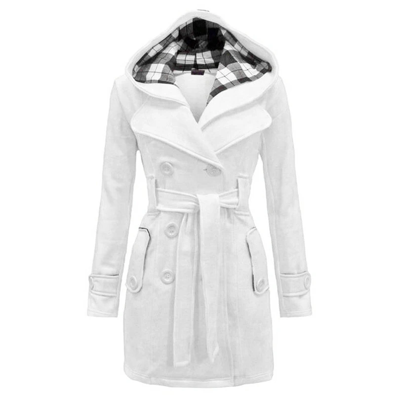 Зимнее двубортное пальто с поясом капюшоном толстое карманами женское