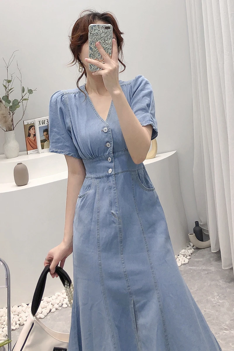 

Summer 2021 Blue Color Denim Dress Women's V Neck Puff Short Sleeve Dress Female Korean A Line Fishtail Midi Dress