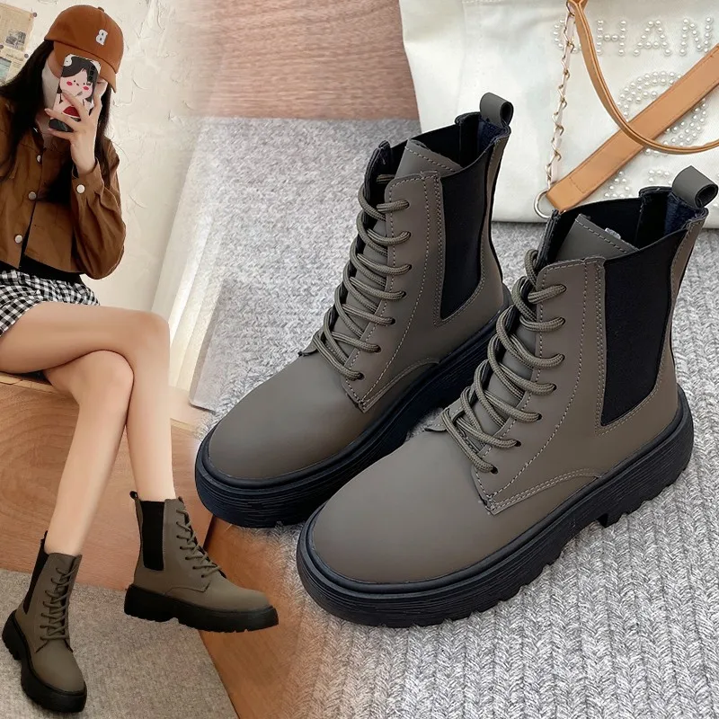 

British Style Retro Thin Tie Martin Boots Women's Winter 2021 New Wild Muffin Thick-soled Fried Street Boots.
