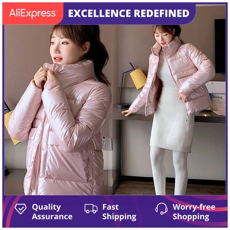 

2021 осенне-зимние женские парки, куртки, повседневные блестящие тканевые толстые теплые пальто с подкладкой и воротником-стойкой, женская зи...