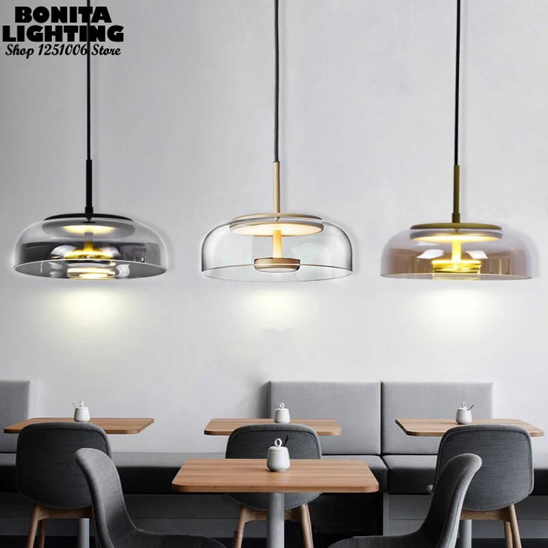 Nordic glass pendant lights dinning room Simple modern art UFO led hanging lamp Transparent amber Grey glass Pot lid droplight