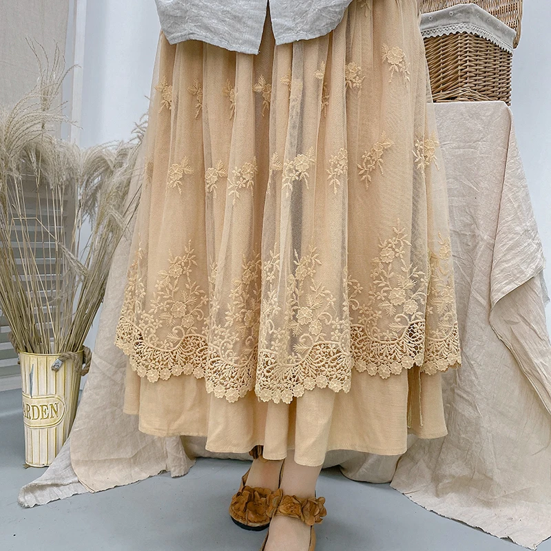 

Женская кружевная юбка из хлопка и льна в японском стиле Mori Girl, новинка 2021, свободные юбки средней длины в литературном стиле