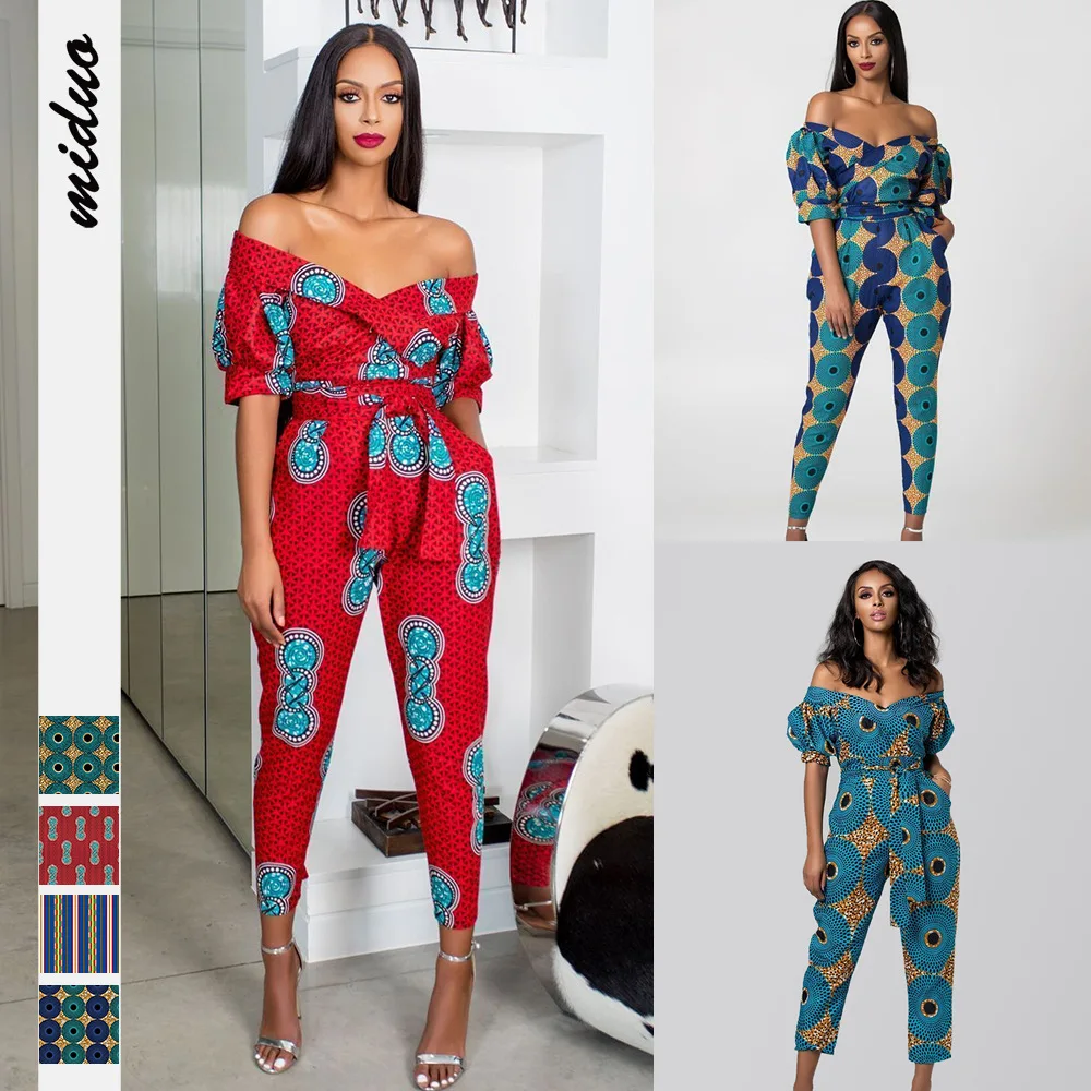 

2020 African Dress for Women Kanga Clothing Ankara Floral Wax Print V-Neck Backless Bazin Riche Africain Femme Jumpsuits Gowns