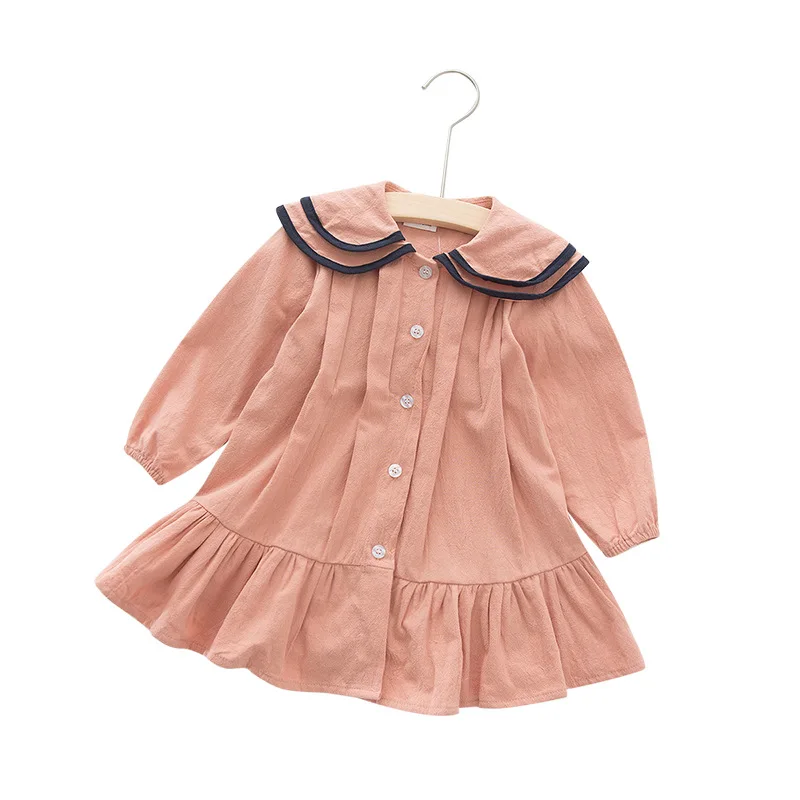 Платья для девочек Новинка осени 2021 Двухслойное хлопковое однотонное платье