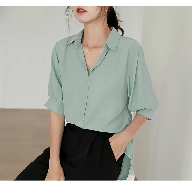 

2021 Summer Women Shirt Chiffon Solid V-neck Half Sleeve Thin Casual Office Lady Female Blouse Fashion Girl Sweet All-match Tops