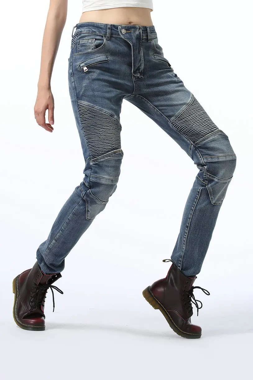 Один Цвет Для женщин Slim Fit Мотоцикл Джинсы для езды прикрепляющийся к мотоботы