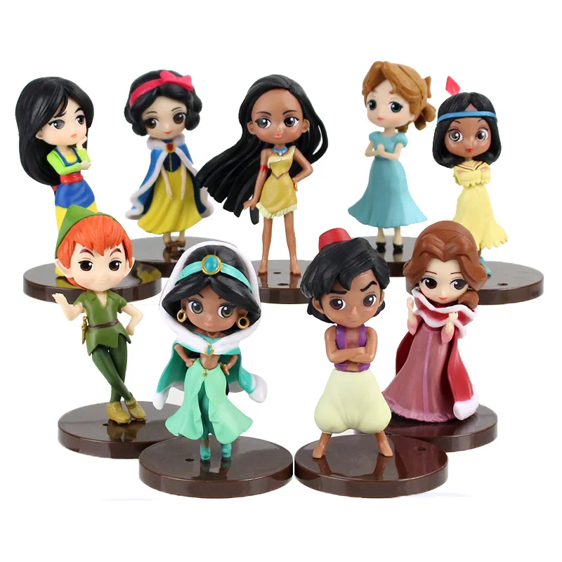 9pcs/Set Q Posket Princess Snow White Cinderella Mulan Tangled Aladdin Moana Peter Pan Sleeping Beauty Figure Model Toys Dolls - купить по