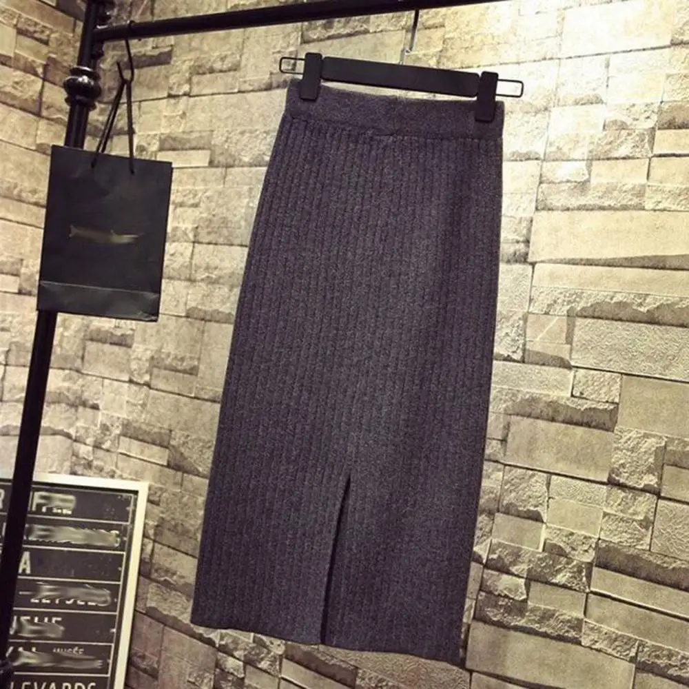 Женская Повседневная трикотажная юбка средней длины теплая прямая в рубчик 60-80