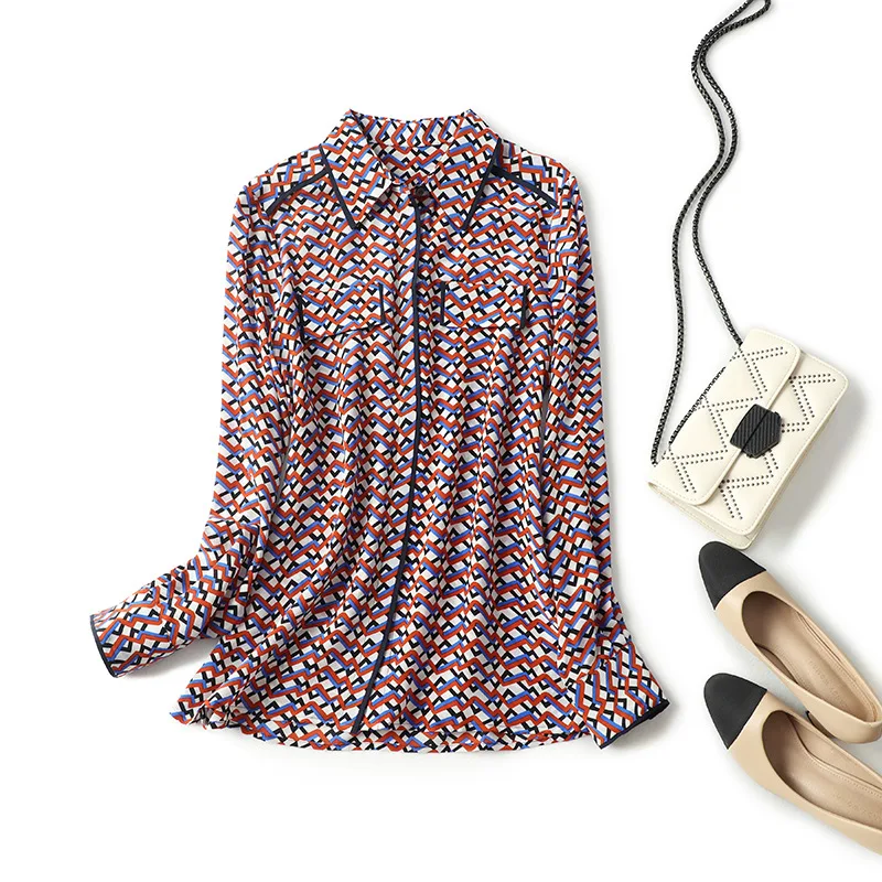 

2021 Autumn Silk Cardigan 100% Mulberry Silk Shirt Long Sleeve Single Breasted Printed Lapel Silk Blouse Female
