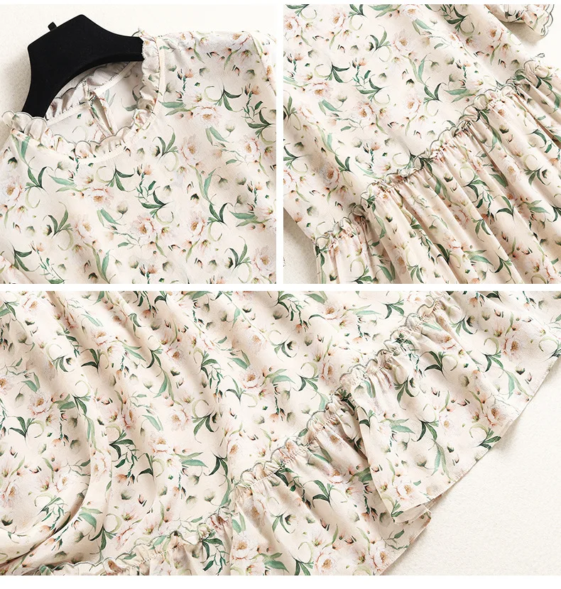 

100% Natural Silk Women's Dresses O Neck Short Sleeves Floral Printed Ruffles Summer Holiday Dress Vestidos