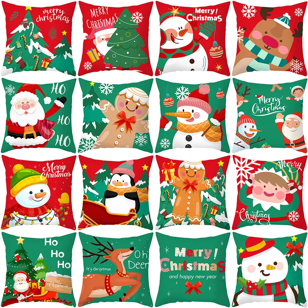 

Christmas Decoration Cushion Cover Cartoon Elk Santa Red and Green Pillow Covers Xmas Home Decor Square Pillow Case for Couch