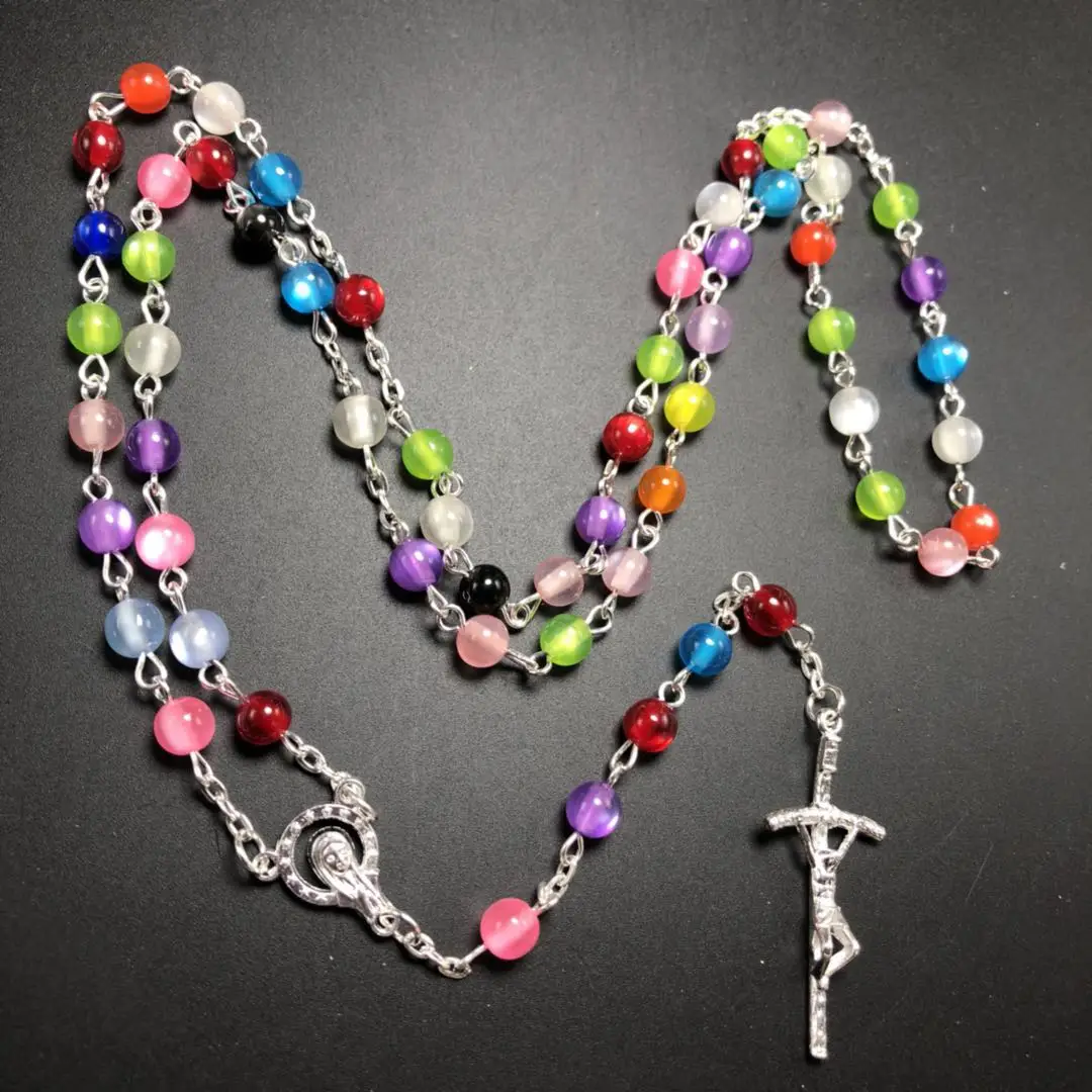 freeship 3pcs/set multicolor catholic Rosary necklace beautiful 6mm faux cat eye bead rosary pendant Necklace virgin mary center | Украшения
