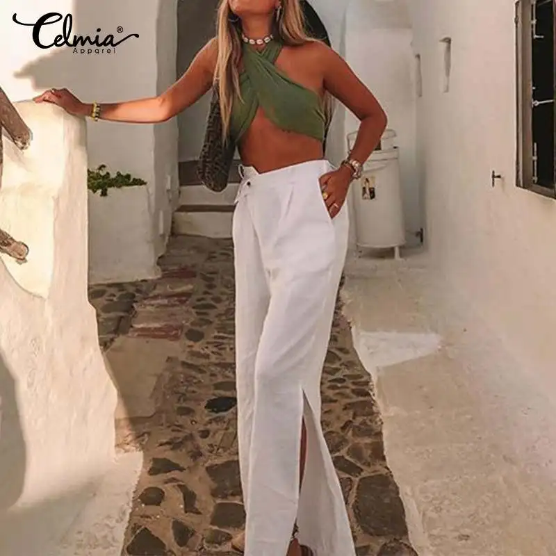 

Celmia 2021 Fashion Pants Women Split Wide Leg Pants Summer Casual Loose High Waist Long Trousers Elegant Office Solid Pantalon