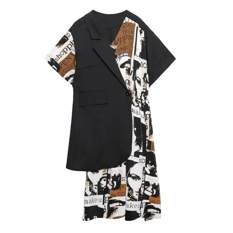 

XUXI Summer 2021 Women Short Sleeve Dress Fashion Splicing Suit-Collar Irregular Skirt Women E496